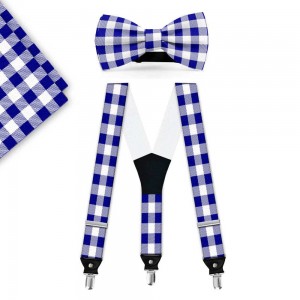Set papion, batista, bretele, albastru-alb, model carouri